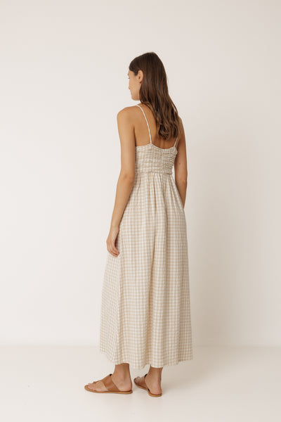 INDI AND COLD STRAPPY GINGHAM DRESS VICOSE MAXI DRESS CHECK BEIGE