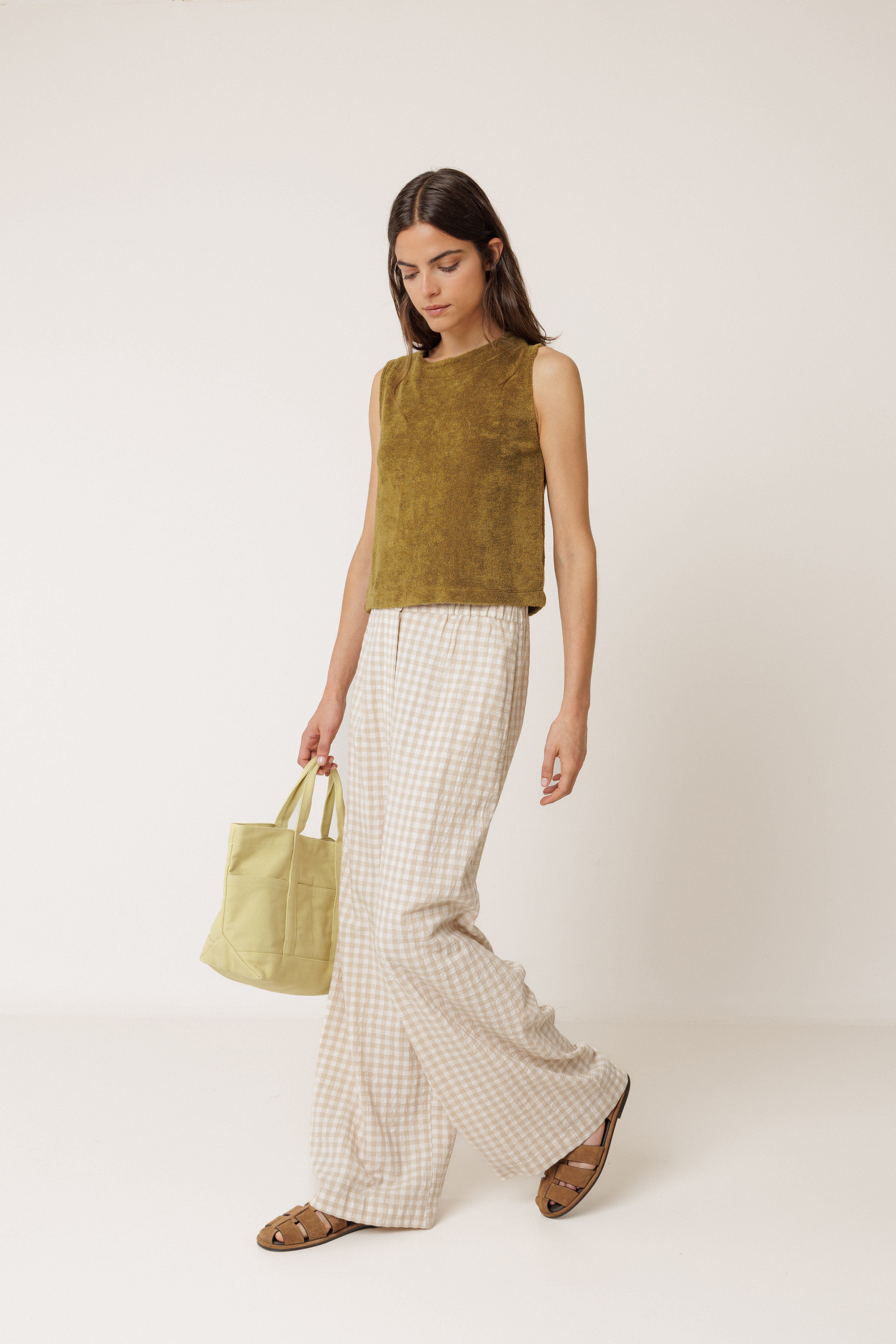 INDI AND COLD ELASTIC GINGHAM PANT COTTON VISCOSE CHECK BEIGE
