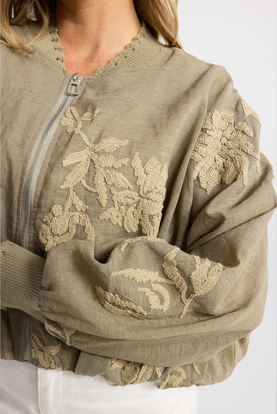 INK AMBLE JACKET OLIVE EMROIDERED JACKET FLORAL JACKET BOMBER JACKET DISTRESSED EMBELLESHED JACKET SPRING LAYERS