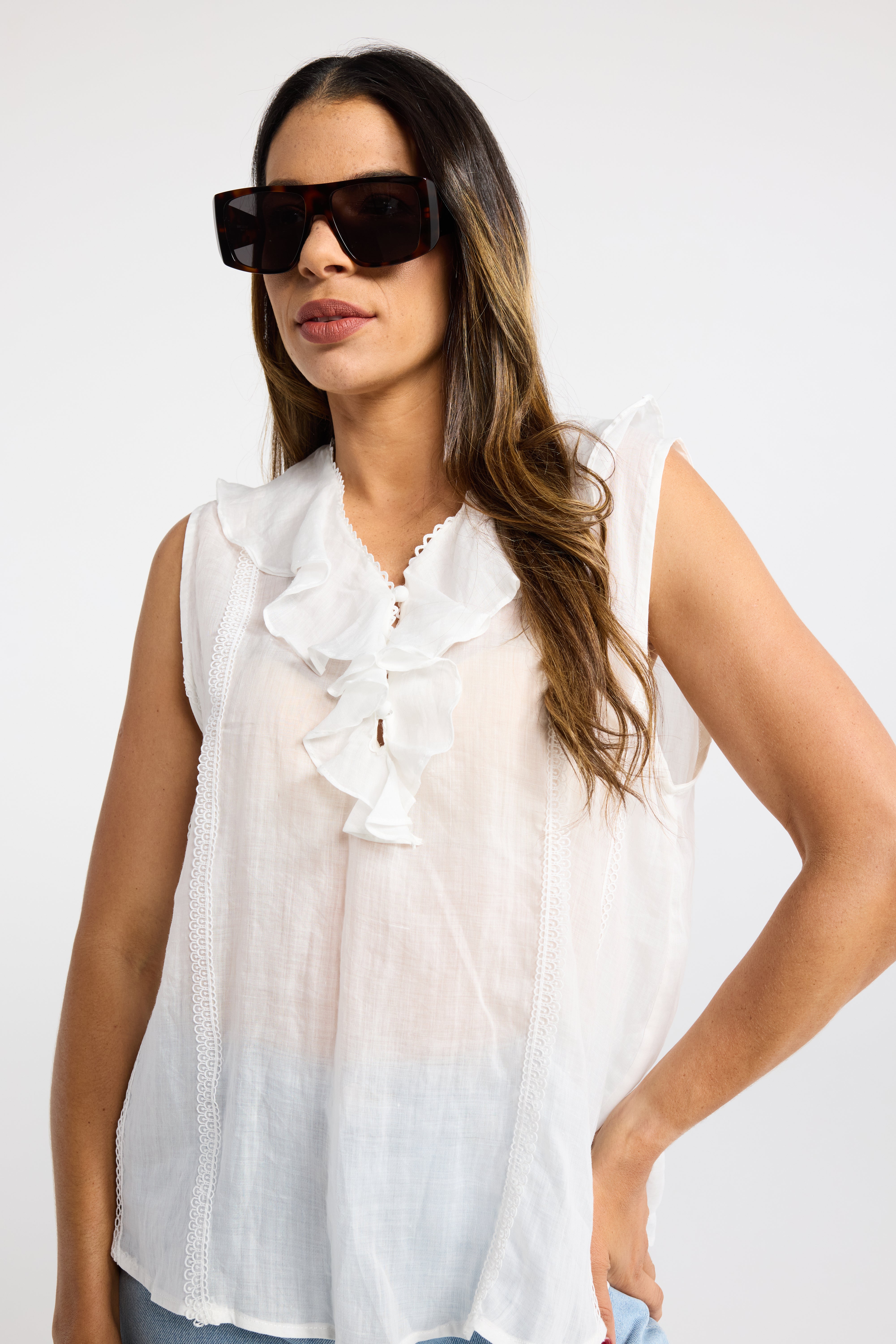 INK ANDRE TOP KHAKI WHITE BLOUSE SUMMER TOP LIGHTWEIGHT TOP FRILL BLOUSE SLEEVELESS TOP BUTTON UP TOP LINEN TOP COTTON TOP LINEN/COTTON TOP