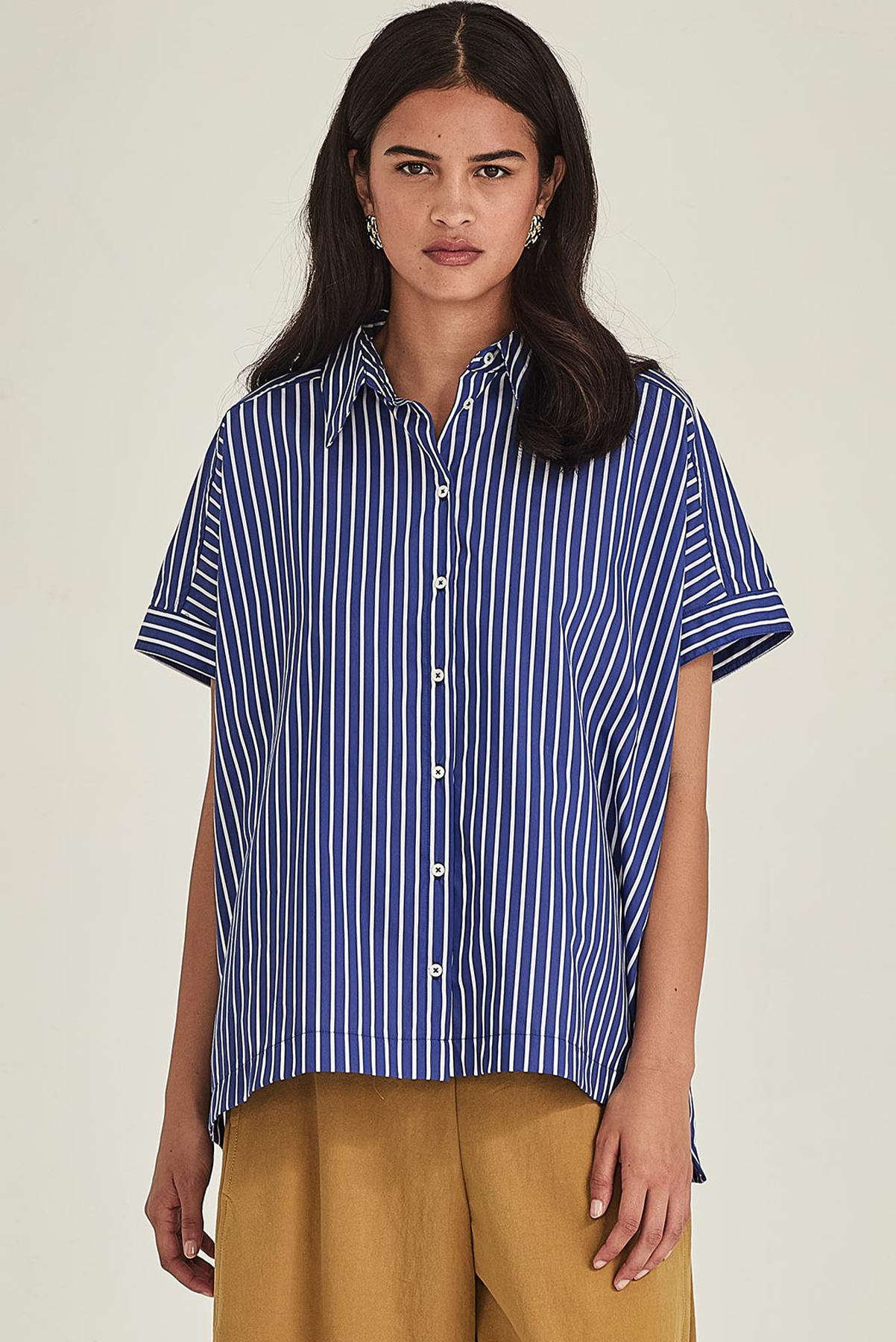 SILLS ANNIE STRIPE SHIRT COTTON LINEN COBALT BLUE TAN TOP