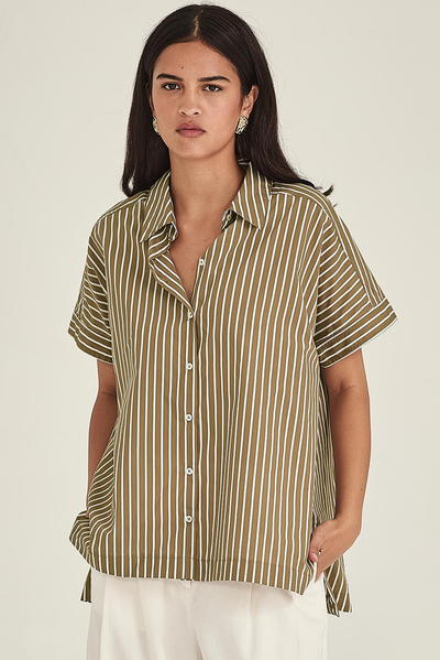 SILLS ANNIE STRIPE SHIRT COTTON LINEN COBALT BLUE TAN TOP