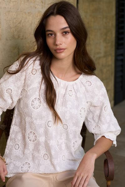 LOOBIES STORY ASMITA TOP COTTON PINK GREEN WHITE BLOUSE EMBROIDERED