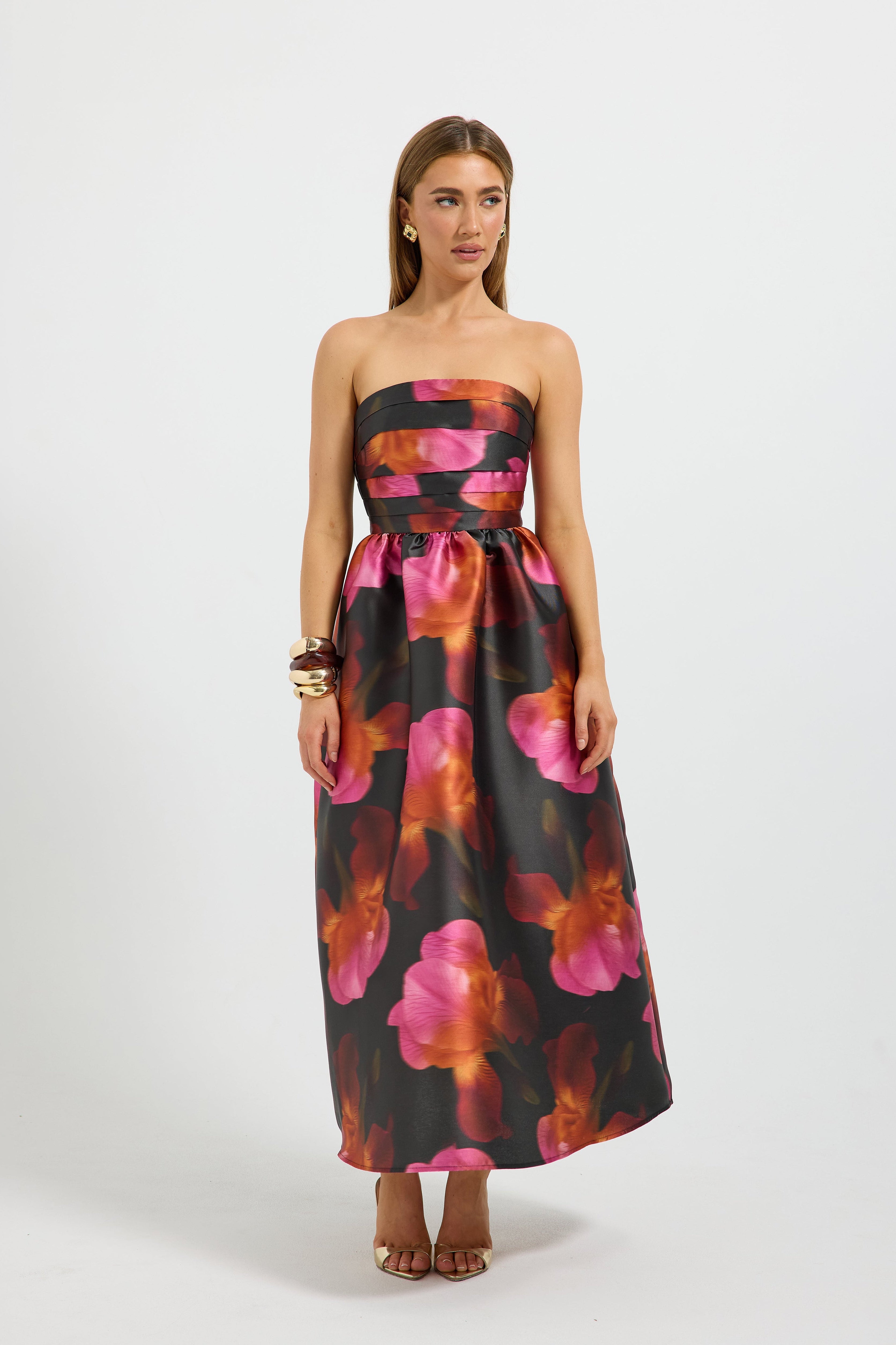 PASDUCHAS AVA STRAPLESS MIDI DRESS POLYESTER PINK AND RED FLORAL 