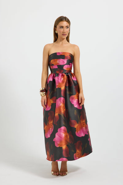 PASDUCHAS AVA STRAPLESS MIDI DRESS POLYESTER PINK AND RED FLORAL 