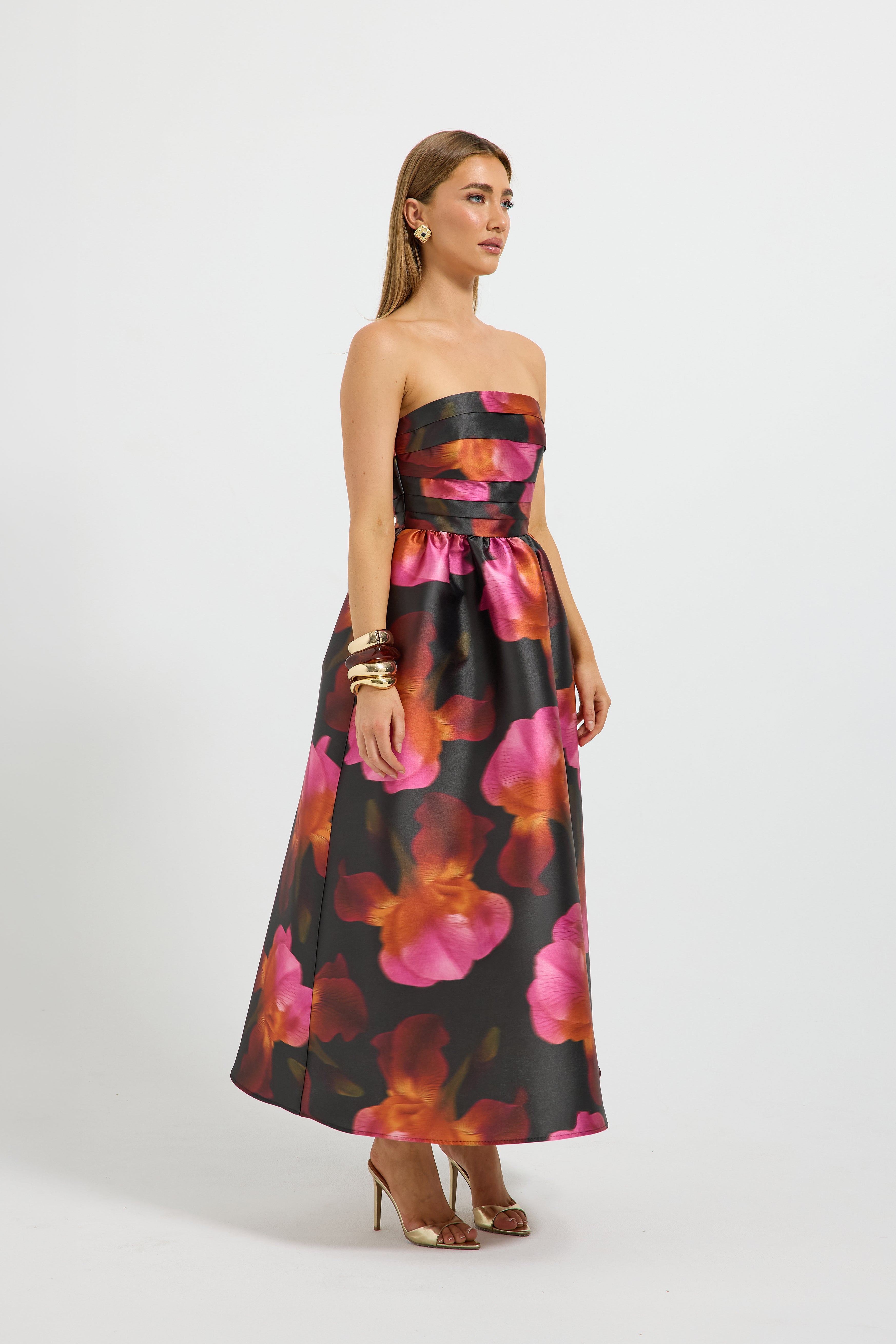 PASDUCHAS AVA STRAPLESS MIDI DRESS POLYESTER PINK AND RED FLORAL 
