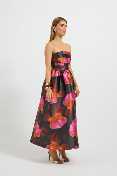PASDUCHAS AVA STRAPLESS MIDI DRESS POLYESTER PINK AND RED FLORAL 