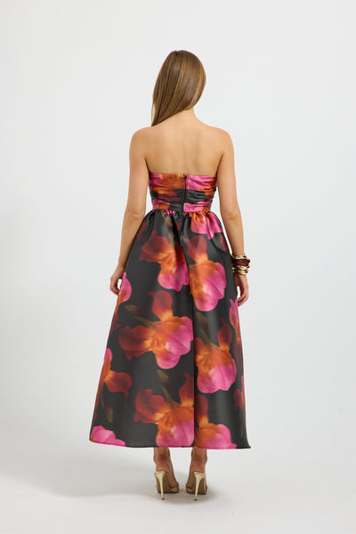 PASDUCHAS AVA STRAPLESS MIDI DRESS POLYESTER PINK AND RED FLORAL 