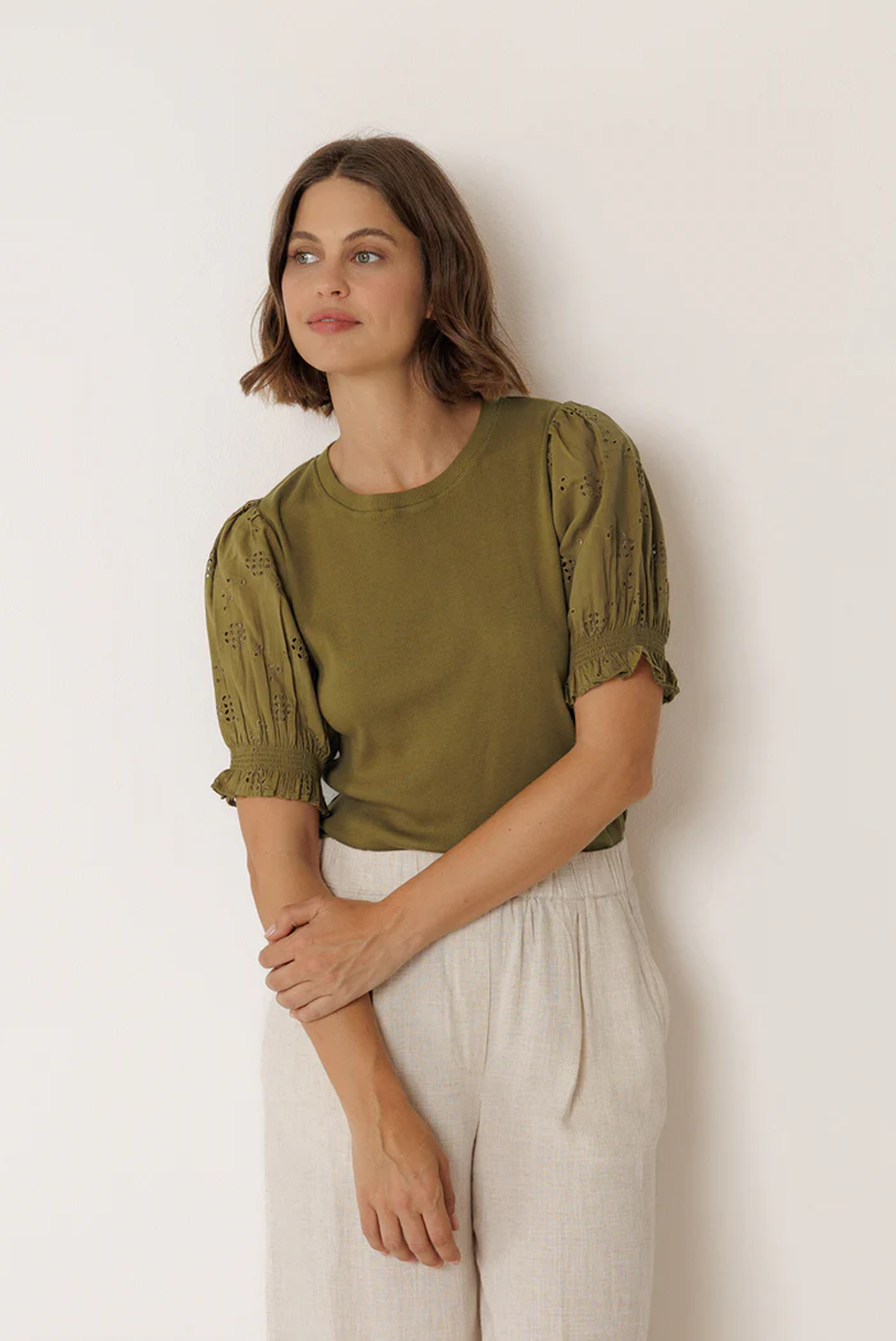 INDI AND COLD BALLOON SLEEVE TEE COTTON KHAKI EMBROIDERY