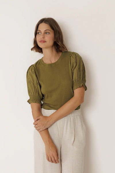 INDI AND COLD BALLOON SLEEVE TEE COTTON KHAKI EMBROIDERY