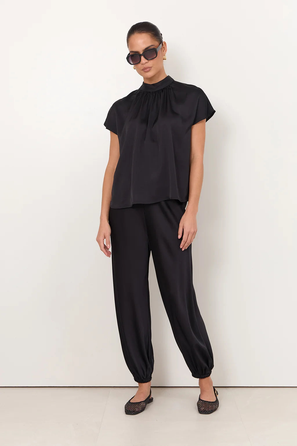 ADORNE BANKS PANT BLACK SATIN VISCOSE BALLOON PANT WITH ELASTICATED WASITBAND AND HEMS