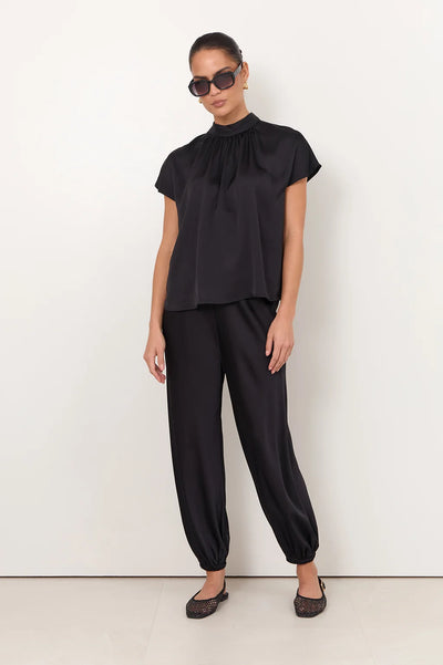 ADORNE BANKS PANT BLACK SATIN VISCOSE BALLOON PANT WITH ELASTICATED WASITBAND AND HEMS