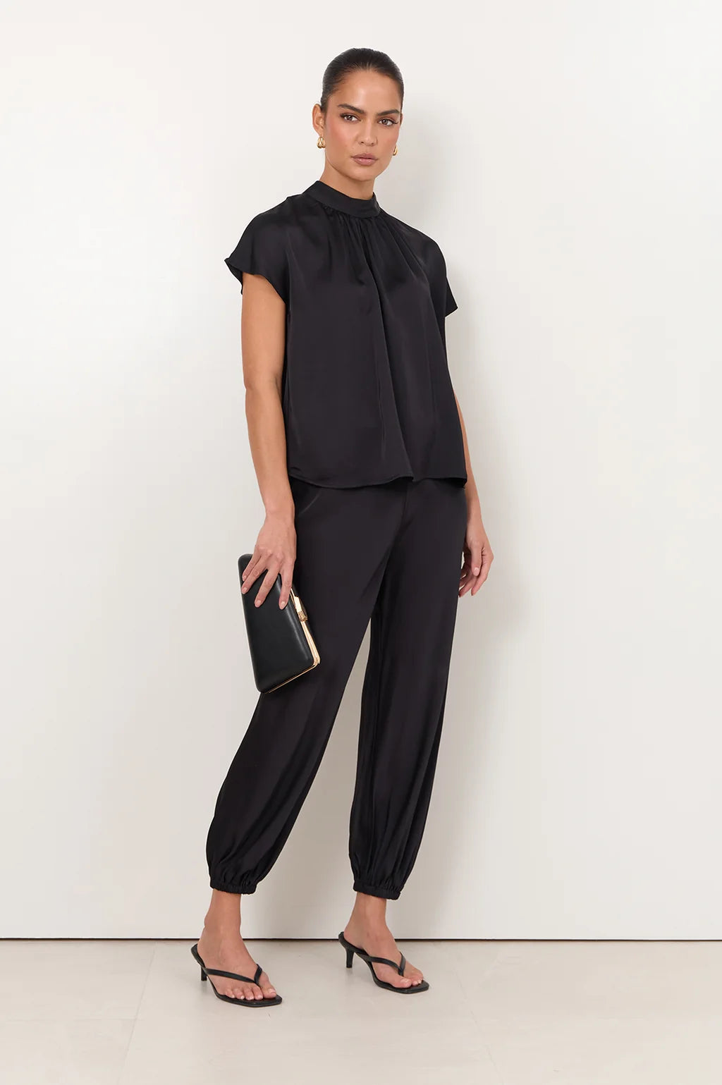 ADORNE BANKS PANT BLACK SATIN VISCOSE BALLOON PANT WITH ELASTICATED WASITBAND AND HEMS