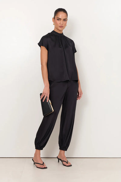 ADORNE BANKS PANT BLACK SATIN VISCOSE BALLOON PANT WITH ELASTICATED WASITBAND AND HEMS