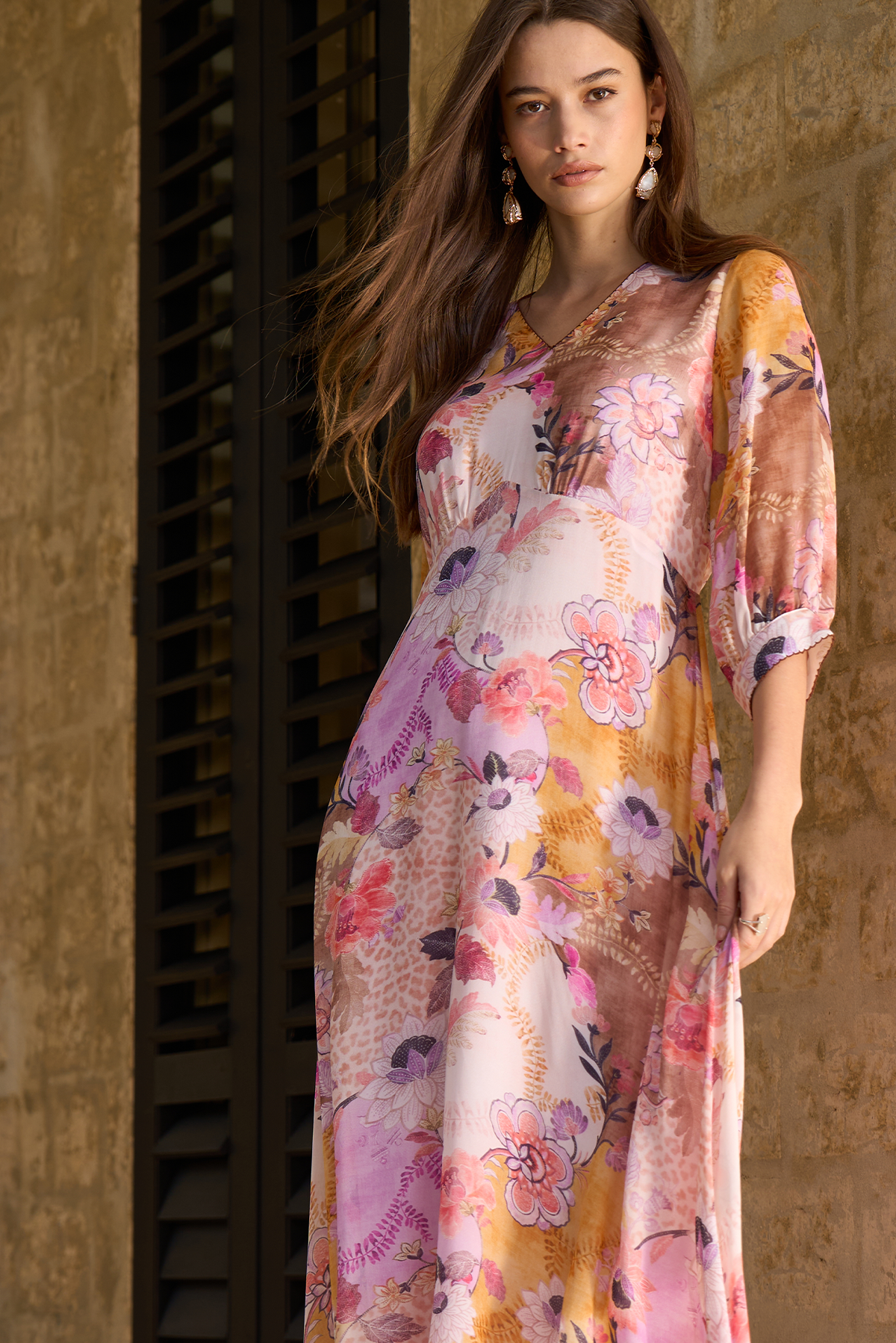 LOOBIES STORY BATIKA MIDI DRESS VISCOSE RAYON PINK MULTI FLORAL PRINT 