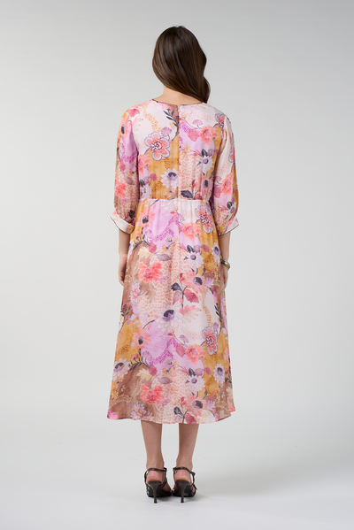 LOOBIES STORY BATIKA MIDI DRESS VISCOSE RAYON PINK MULTI FLORAL PRINT 