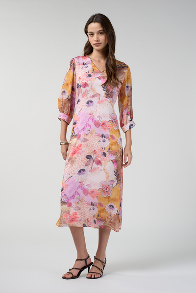 LOOBIES STORY BATIKA MIDI DRESS VISCOSE RAYON PINK MULTI FLORAL PRINT 