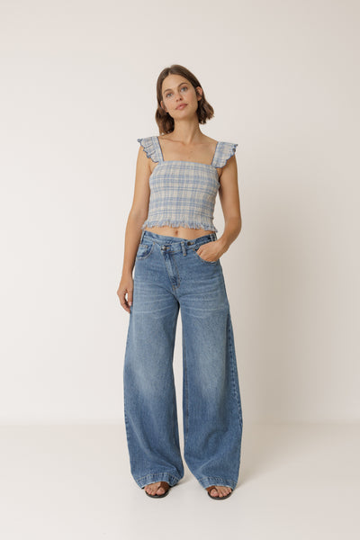 INDI AND COLD CROSSED WAISTBAND JEAN COTTON STRETCH DENIM BLUE
