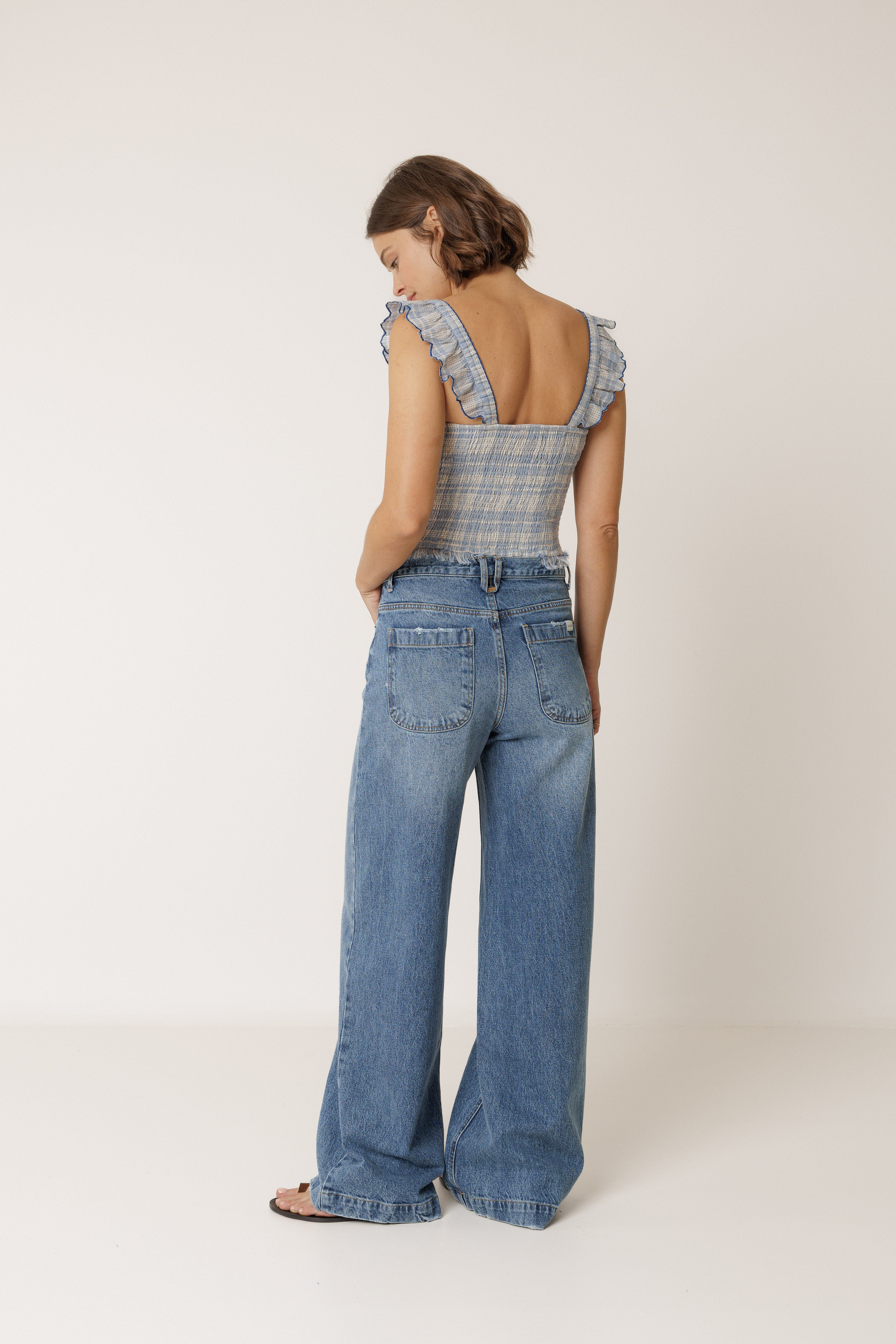 INDI AND COLD CROSSED WAISTBAND JEAN COTTON STRETCH DENIM BLUE