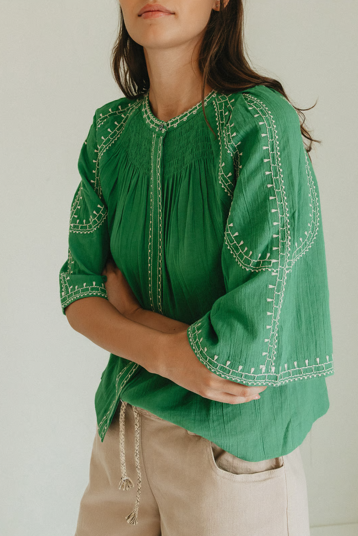 INDI AND COLD BELL SLEEVE TOP ORGANIC COTTON EMBROIDERY BLOUSE GREEN