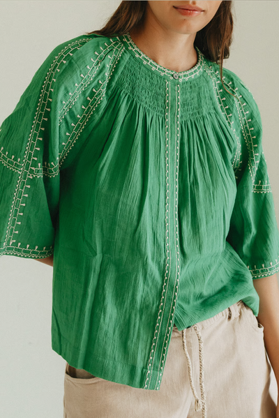 INDI AND COLD BELL SLEEVE TOP ORGANIC COTTON EMBROIDERY BLOUSE GREEN