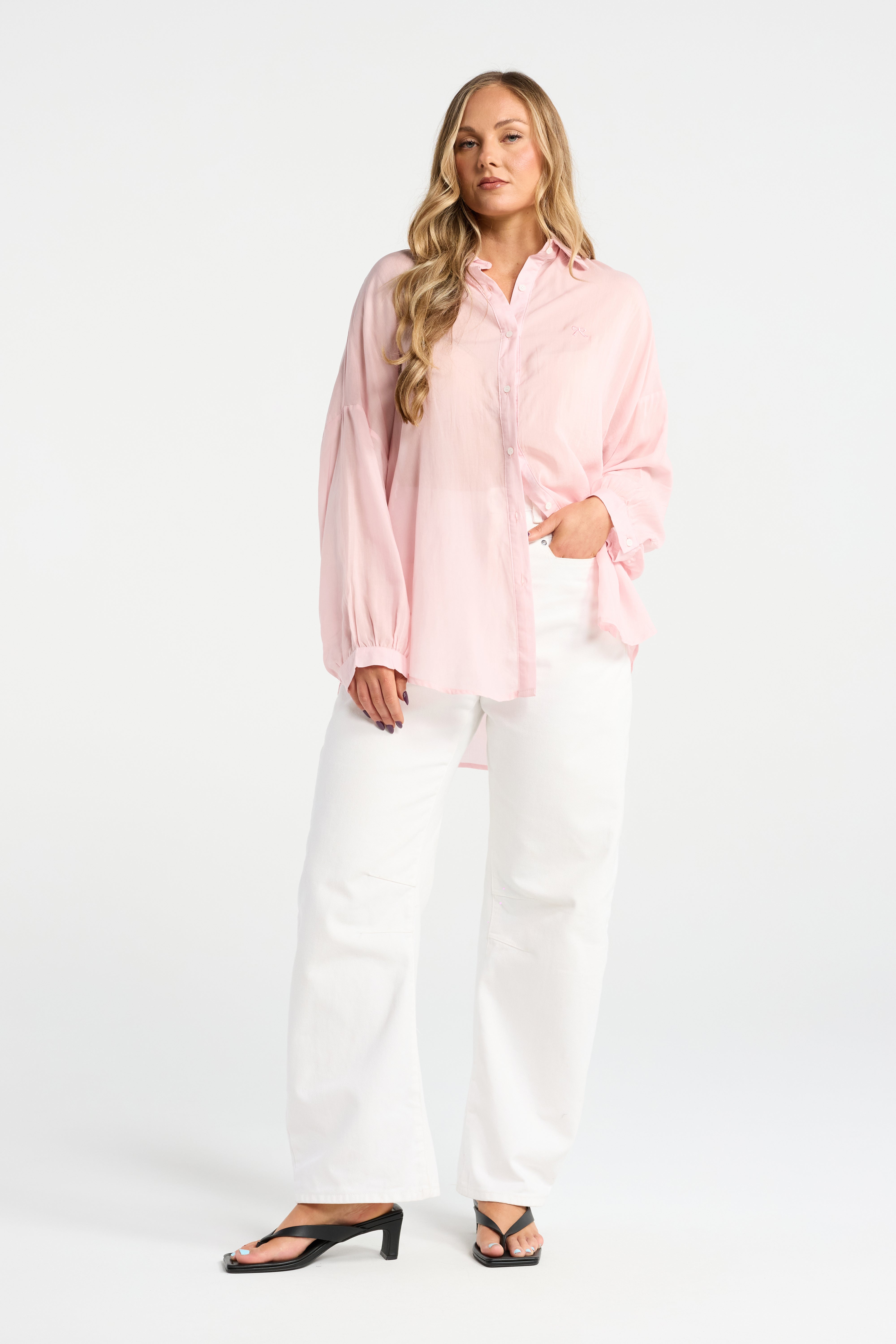 INK BOWER SHIRT PINK LIGHT WEIGHT SHIRT PINK SHIRT LIGHT SHIRT SUMMER SHIRT BALLOON SLEEVE COLLARED SHIRT EMBROIDERED BOW TOP SUMMER TOP