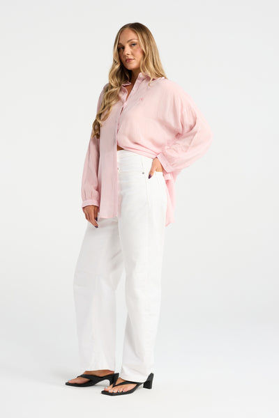 INK BOWER SHIRT PINK LIGHT WEIGHT SHIRT PINK SHIRT LIGHT SHIRT SUMMER SHIRT BALLOON SLEEVE COLLARED SHIRT EMBROIDERED BOW TOP SUMMER TOP
