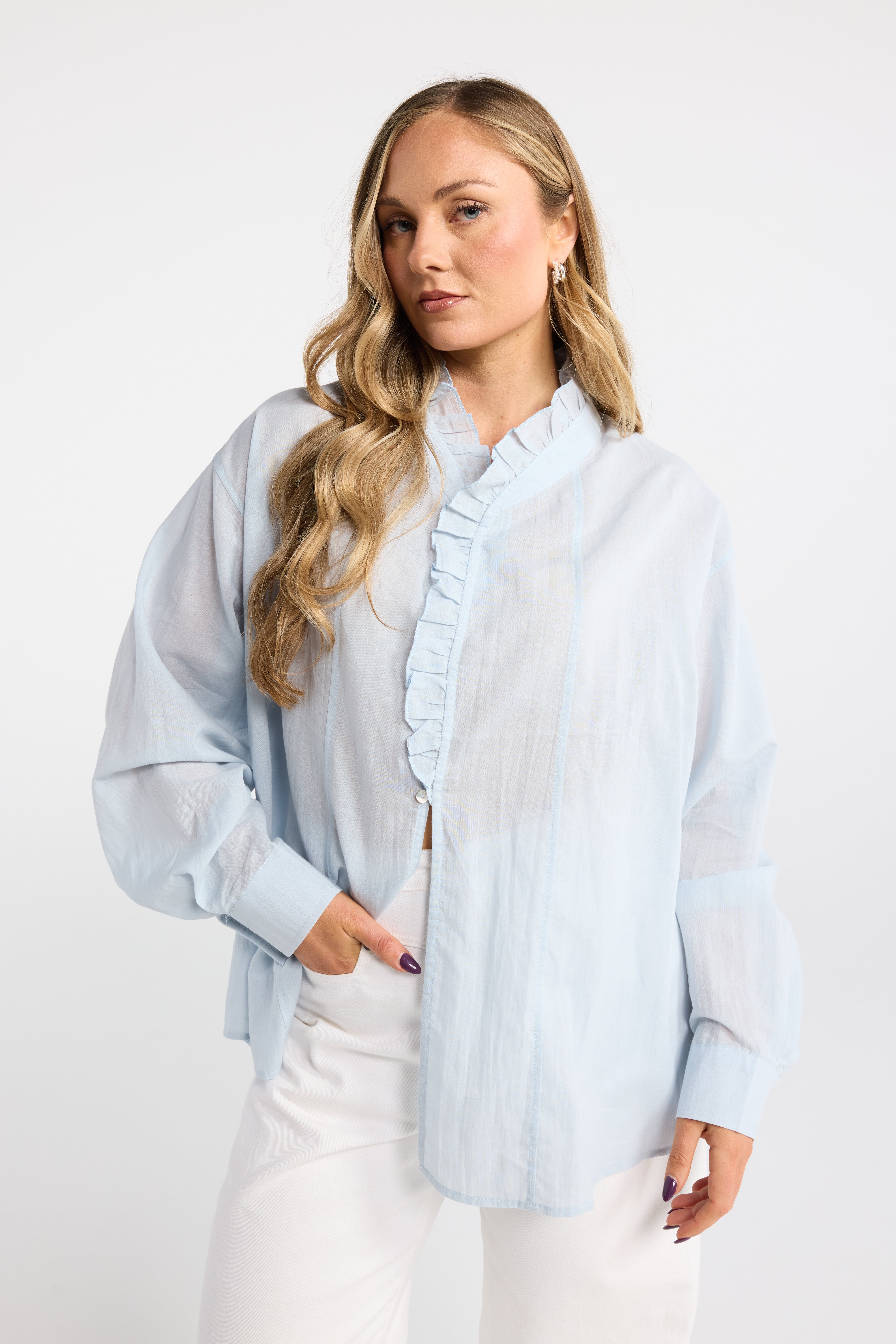 INK BRIAR SHIRT BLUE WHITE COTTON SHIRT FRILL SHIRT SUMMER SHIRT LIGHTWEIGHT SHIRT BLOUSE LONG SLEEVE TOP 