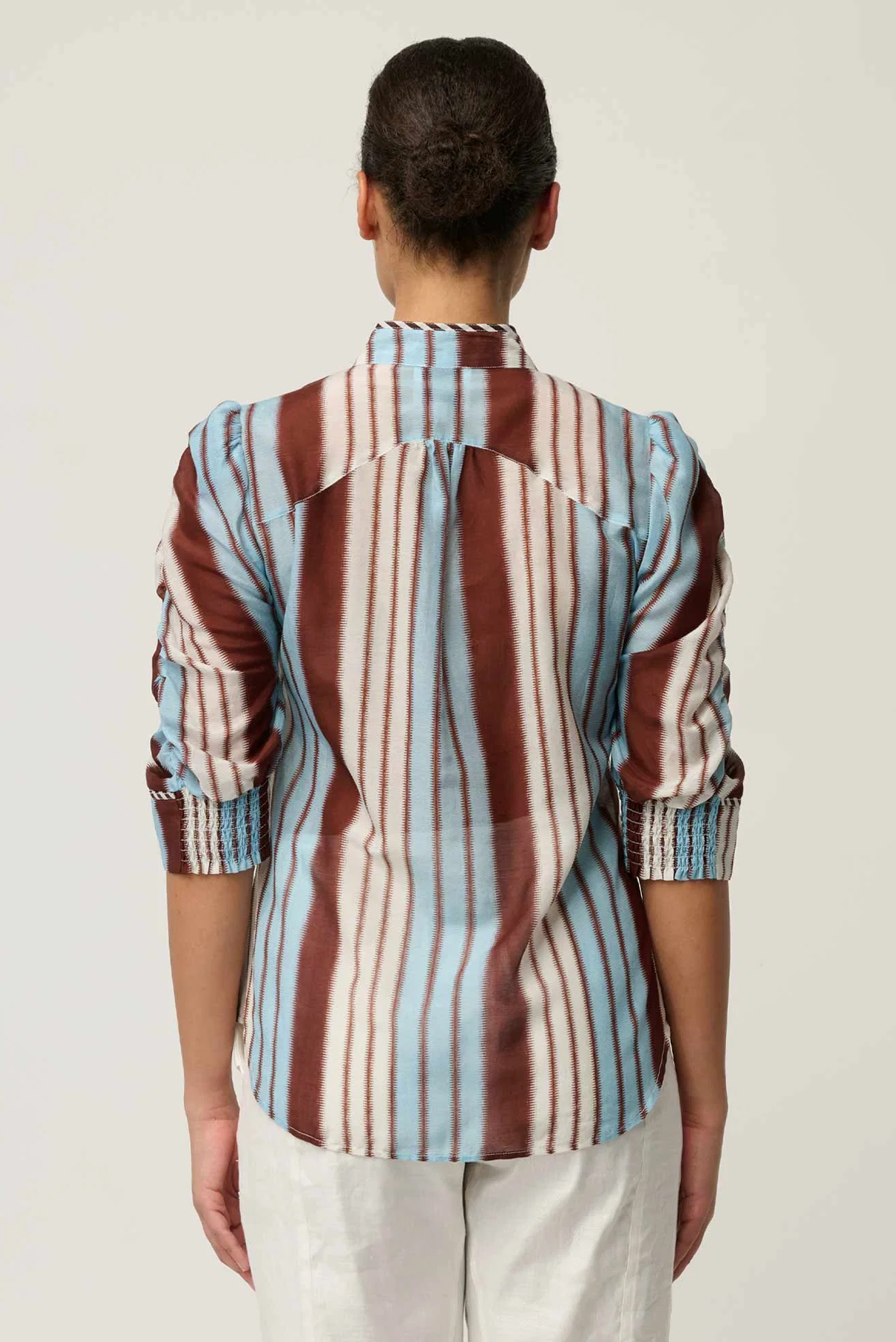 ONCE WAS CALANTHA BLOUSE COTTON SILK STRIPE BLUE BROWN SHIRT 