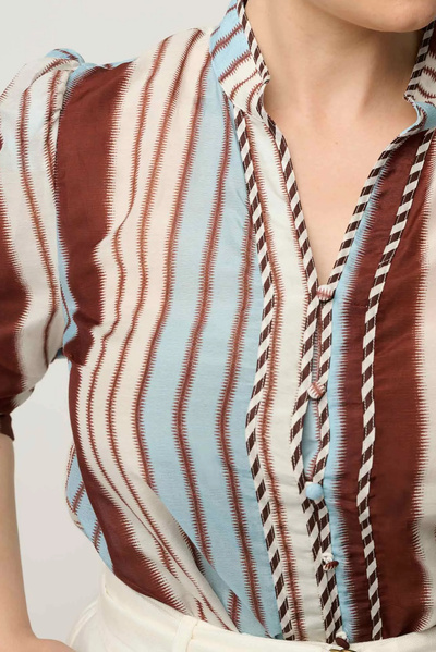 ONCE WAS CALANTHA BLOUSE COTTON SILK STRIPE BLUE BROWN SHIRT 