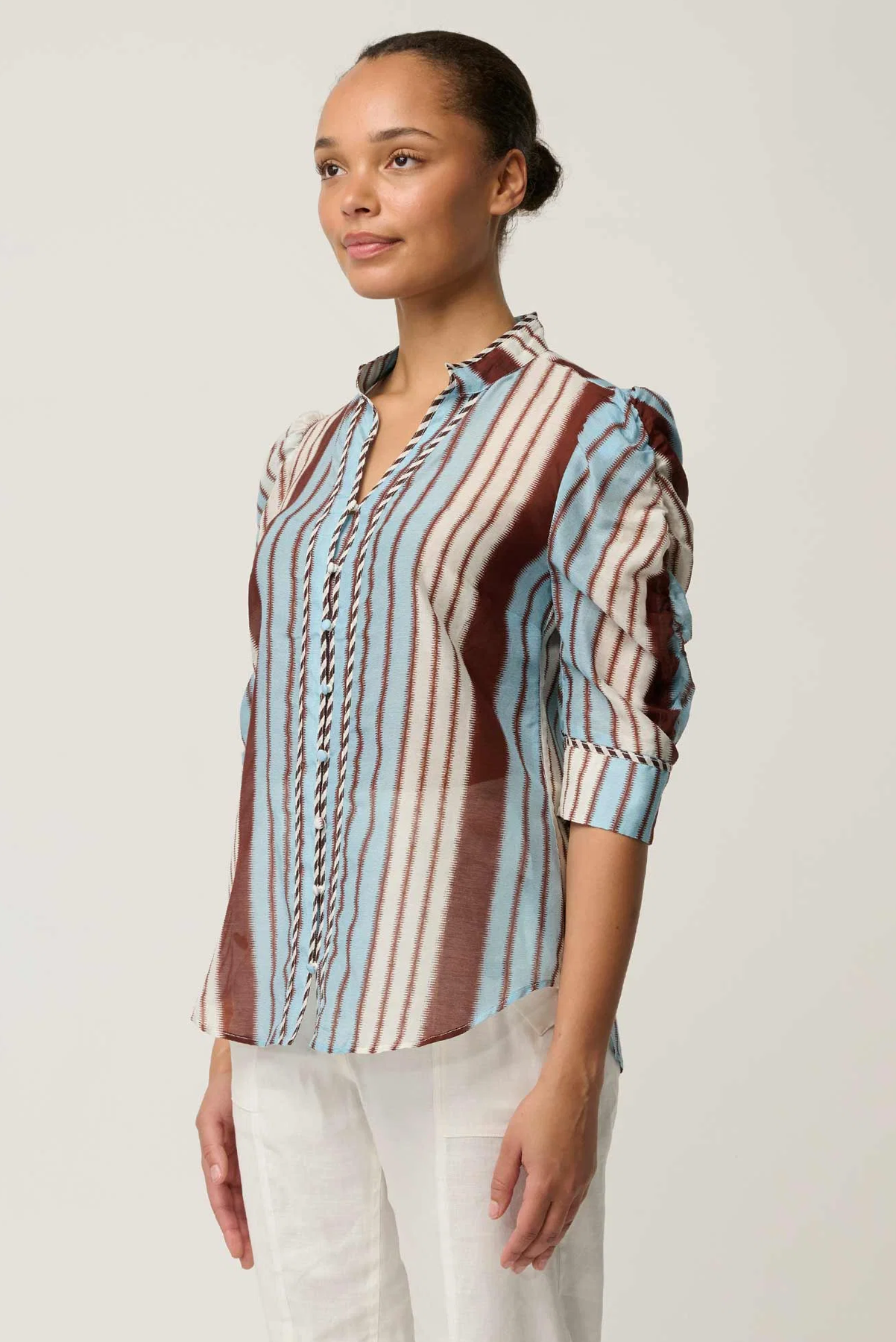 ONCE WAS CALANTHA BLOUSE COTTON SILK STRIPE BLUE BROWN SHIRT 