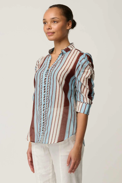 ONCE WAS CALANTHA BLOUSE COTTON SILK STRIPE BLUE BROWN SHIRT 