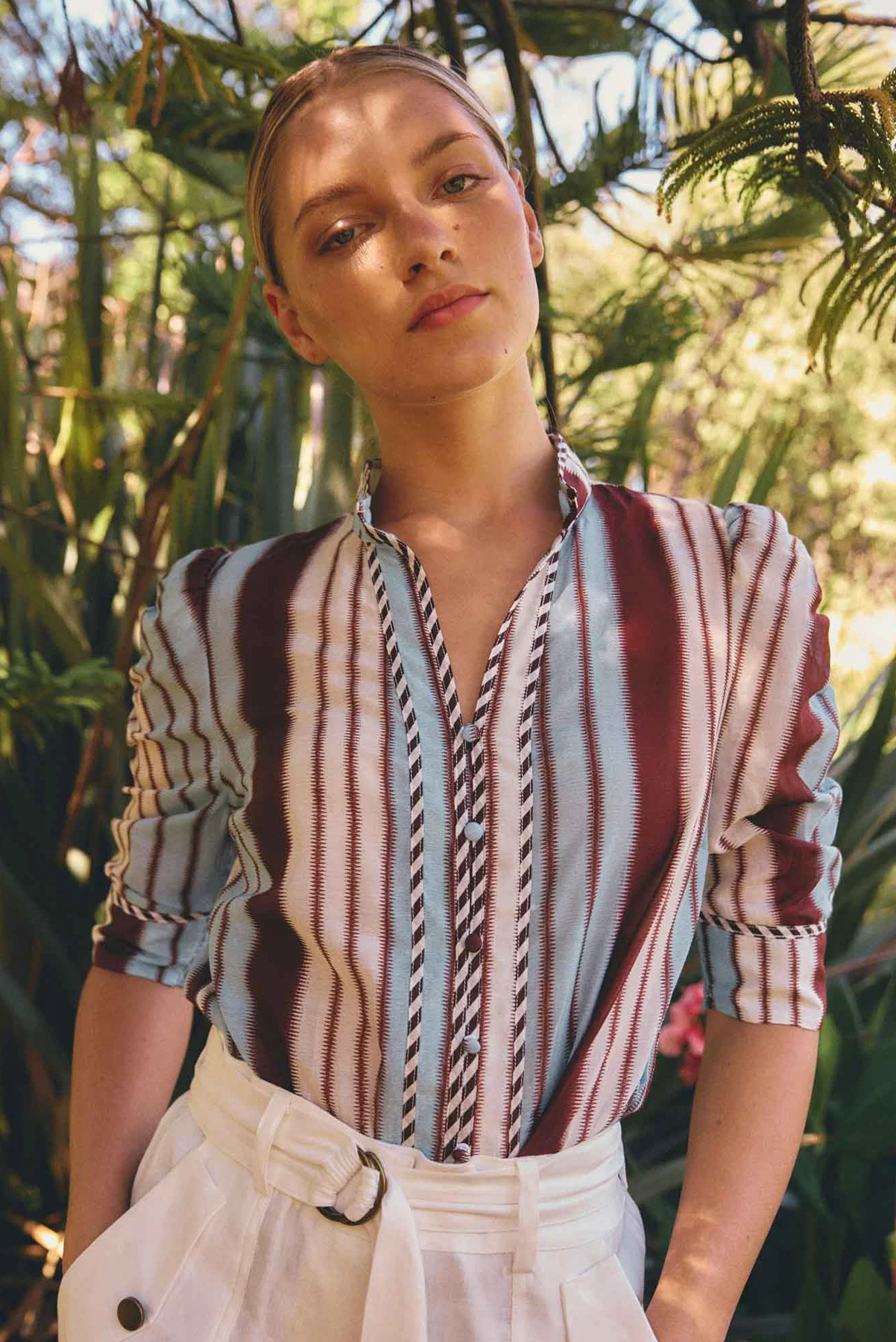 ONCE WAS CALANTHA BLOUSE COTTON SILK STRIPE BLUE BROWN SHIRT 