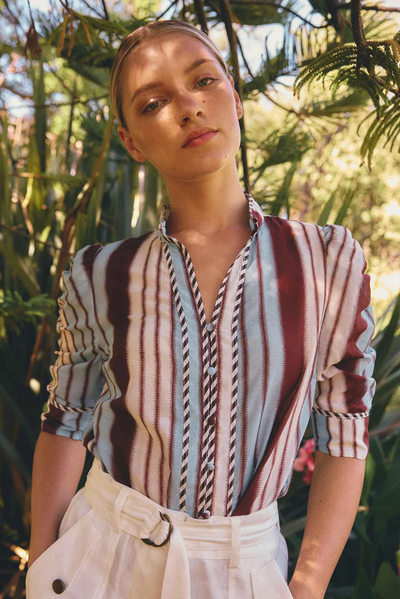 ONCE WAS CALANTHA BLOUSE COTTON SILK STRIPE BLUE BROWN SHIRT 