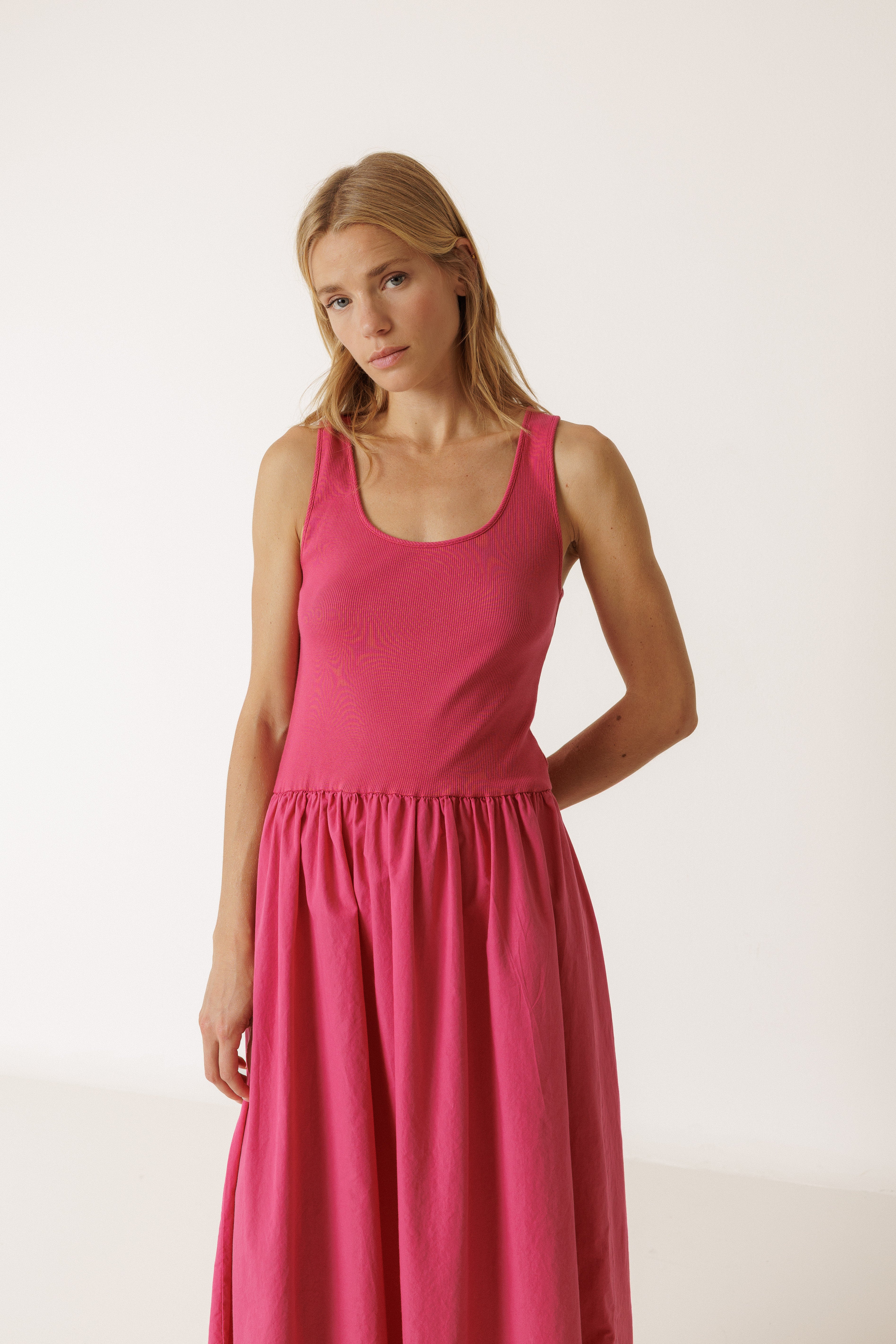 INDI AND COLD COMBINATION POPLIN DRESS COTTON MIDI DRESS STRAWBERRY
