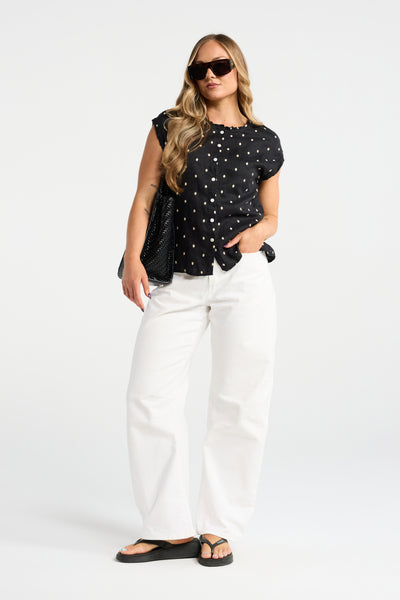 INK CICI TOP BLACK SPOT POLKA DOT TOP BUTTON UP TOP CAP SLEEVE TOP BLACK AND WHITE TOP