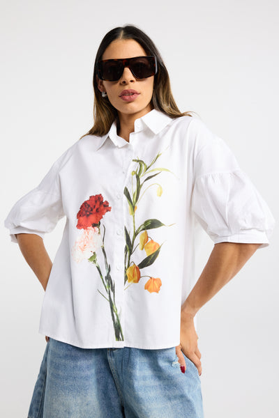 INK CLOVE SHIRT BLACK WHITE COTTON SHIRT COTTON PRINTED SHIRT FLORAL SHIRT SHORT SLEEVED SHIRT PUFF SLEEVE SHIRT SUMMER SHIRT BUTTON UP 