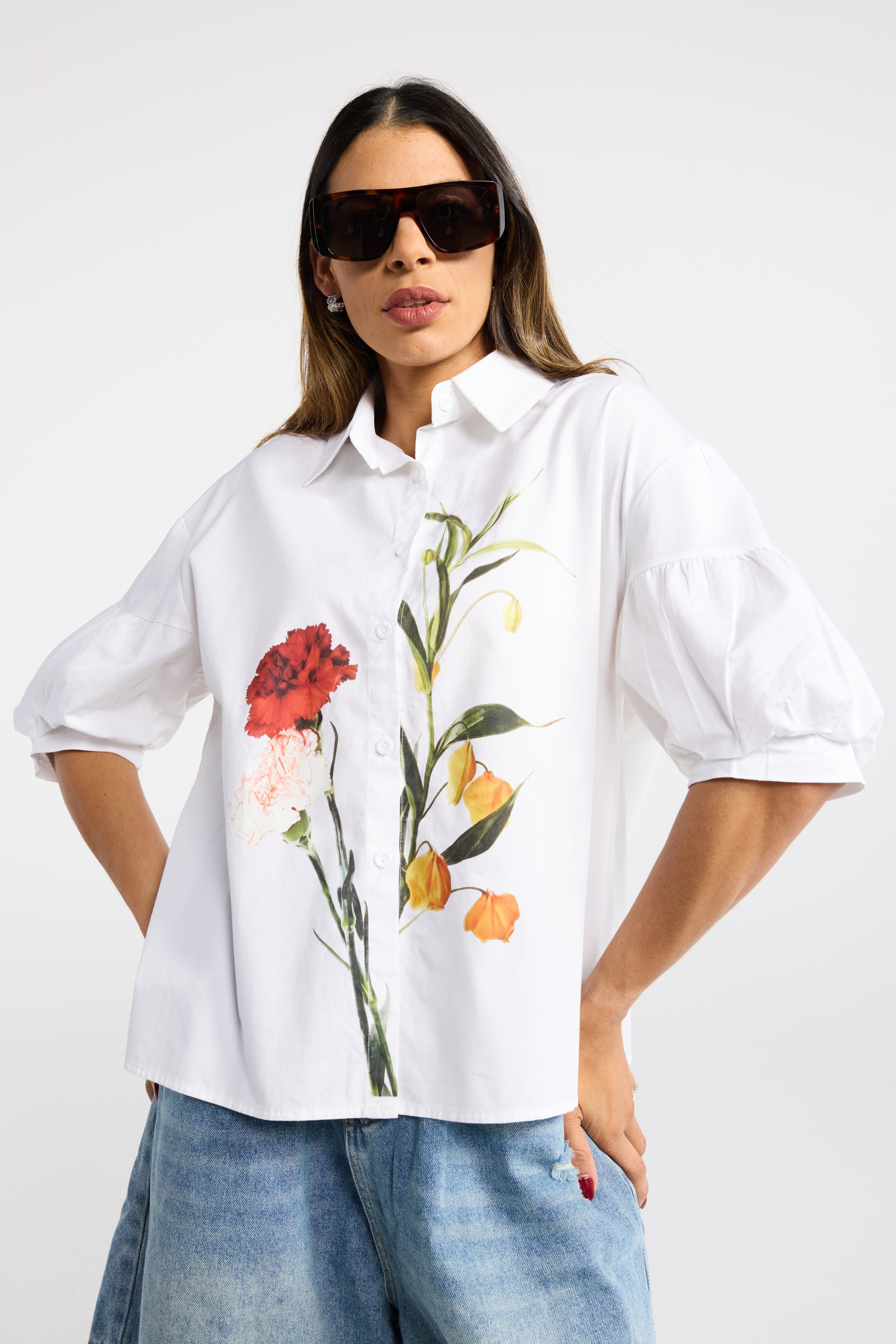 INK CLOVE SHIRT BLACK WHITE COTTON SHIRT COTTON PRINTED SHIRT FLORAL SHIRT SHORT SLEEVED SHIRT PUFF SLEEVE SHIRT SUMMER SHIRT BUTTON UP 