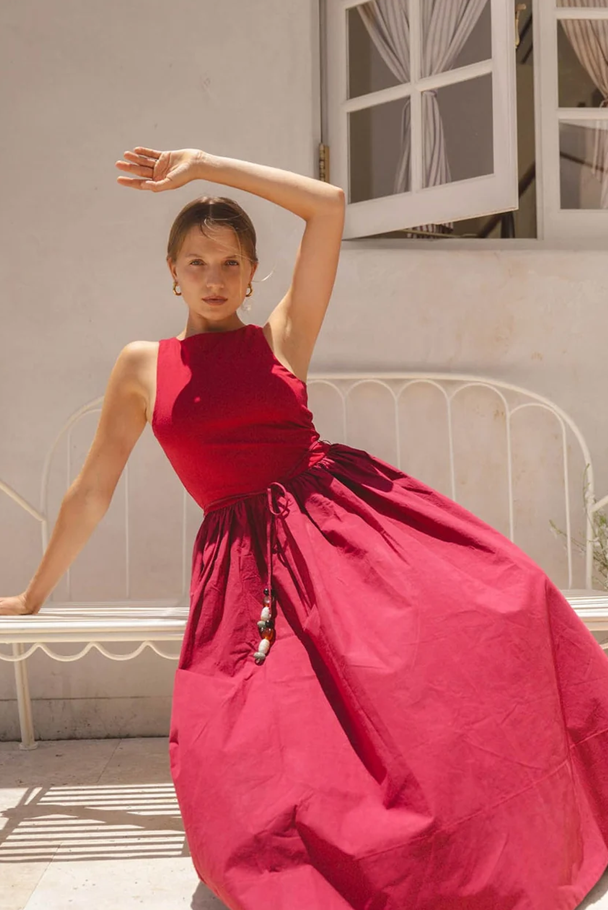 WALNUT CORSICA DRESS RED CRIMSON MIDI VISCOSE COTTON 