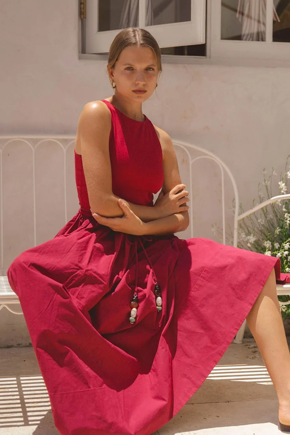 WALNUT CORSICA DRESS RED CRIMSON MIDI VISCOSE COTTON 