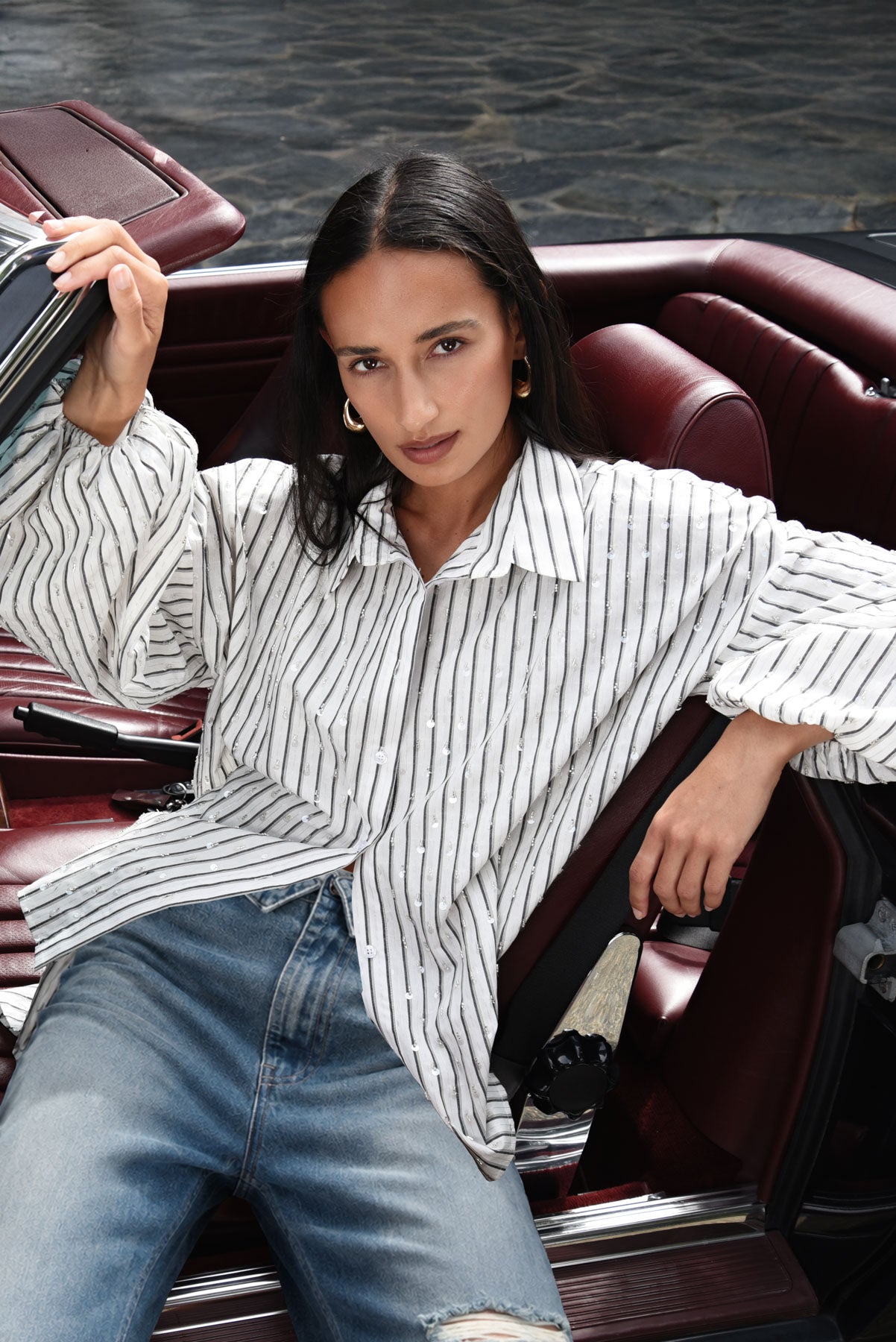 COOPER A SHIRT YOUR POWER SHIRT POLYESTER COTTON VISCOSE STRIPE SEQUIN WHITE