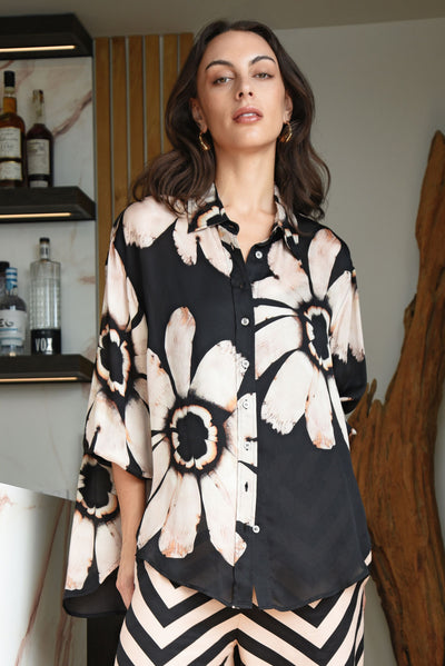 COOPER JUST CASUALLY SHIRT BLACK BLUSH FLORAL VISCOSE TOP