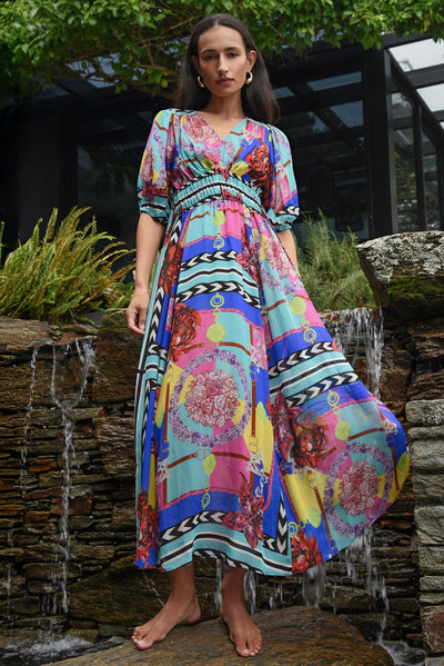 COOPER GAME FACE DRESS VISCOSE SCARF PRINT BLUE PINK FLORAL