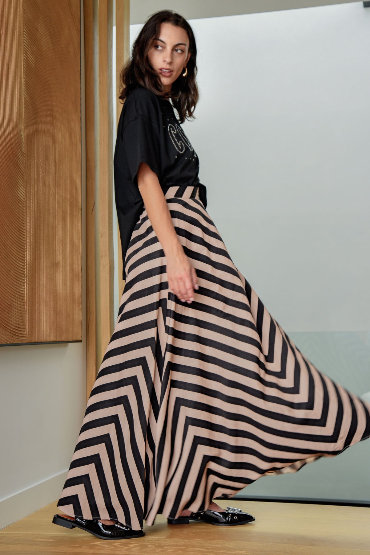 COOPER TOTALLY LINEAR SKIRT VISCOSE RAYON LINEN STRIPE MAXI SKIRT