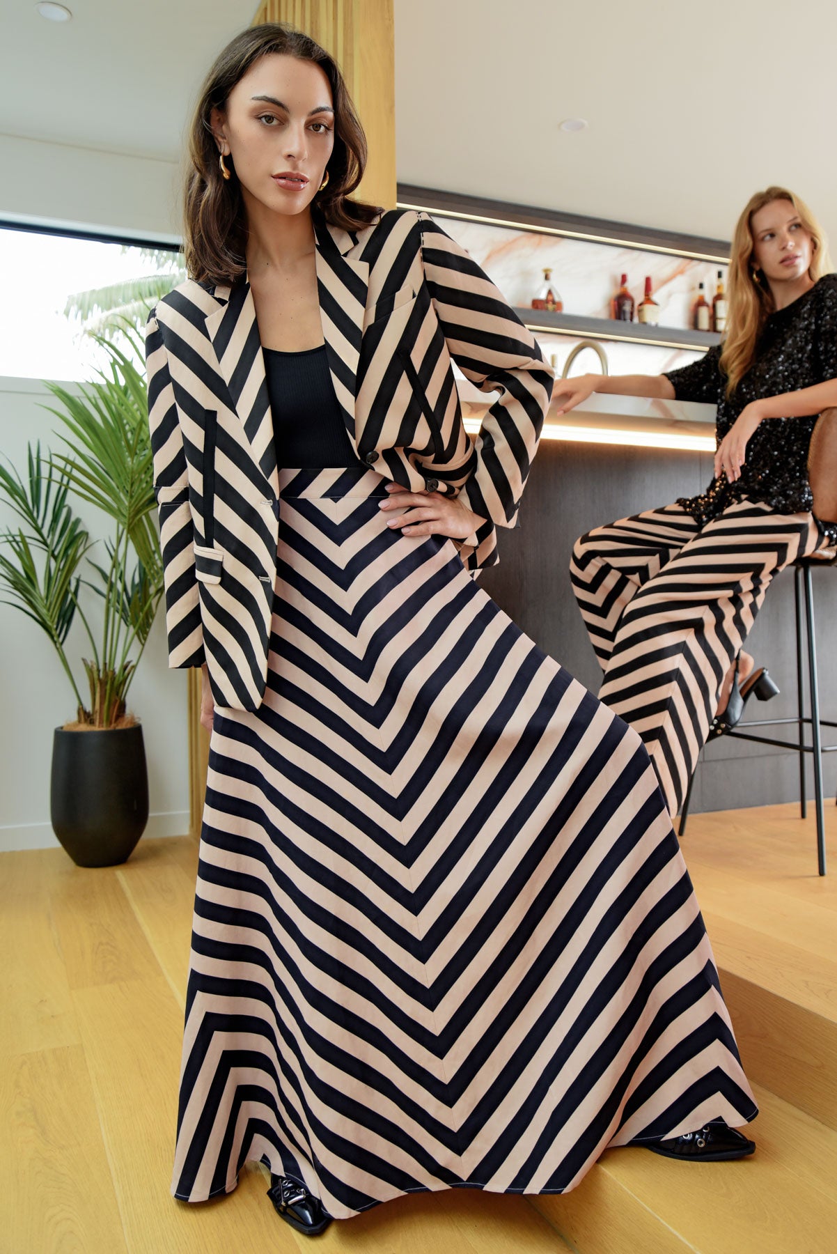 COOPER TOTALLY LINEAR SKIRT VISCOSE RAYON LINEN STRIPE MAXI SKIRT