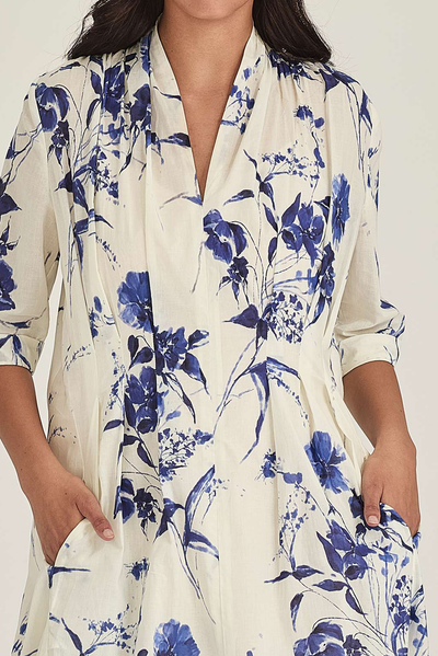 SILLS COURTNEY DRESS COTTON LAPIS FLORAL BLUE AND WHITE MIDI