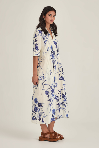 SILLS COURTNEY DRESS COTTON LAPIS FLORAL BLUE AND WHITE MIDI