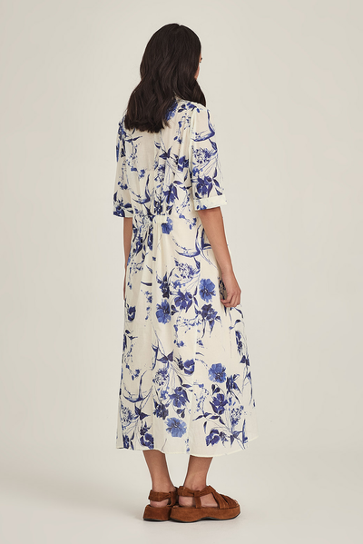 SILLS COURTNEY DRESS COTTON LAPIS FLORAL BLUE AND WHITE MIDI