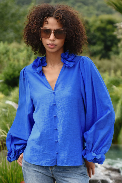 COOP BUDDING ROMANCE BLOUSE BLUE TENCEL NYLON LINEN TOP