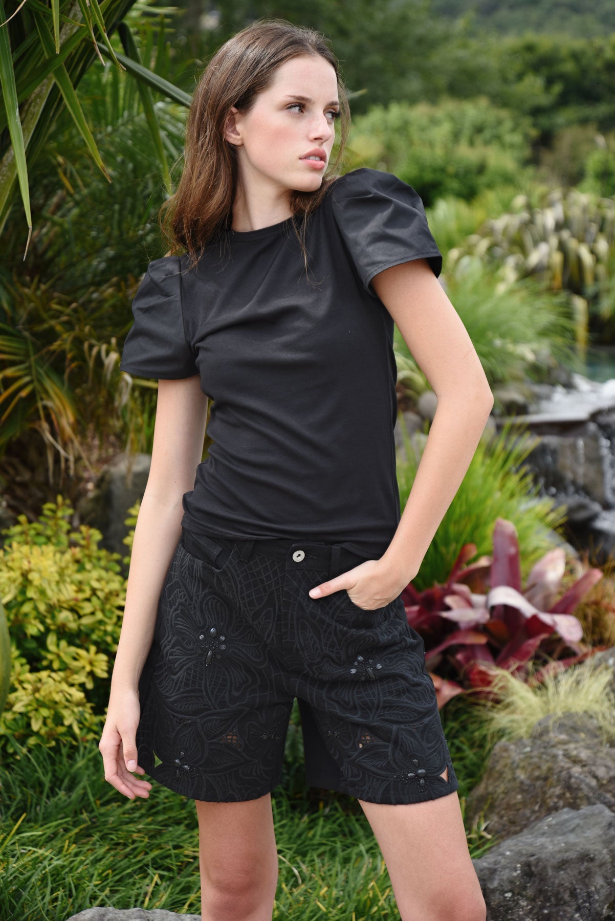 COOP SHORT LISTED SHORTS BLACK EMBROIDERED DENIM SHORT